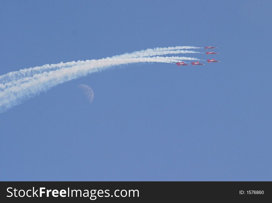 Patrouille de Suisse flying to the moon. Patrouille de Suisse flying to the moon.