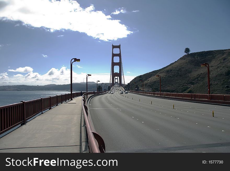 Traffic on the Golden Gate Bridge, San Francisco, backlight, view from sausalito, California. Traffic on the Golden Gate Bridge, San Francisco, backlight, view from sausalito, California