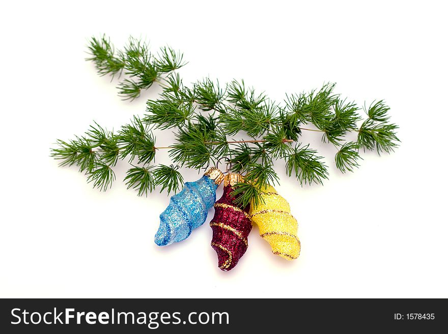 Blue, red and yellow christmas decoration on the green branch. Isolated, white background