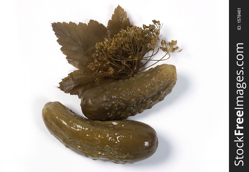 Pickle cucumbers with dill and fennel isolated on white background