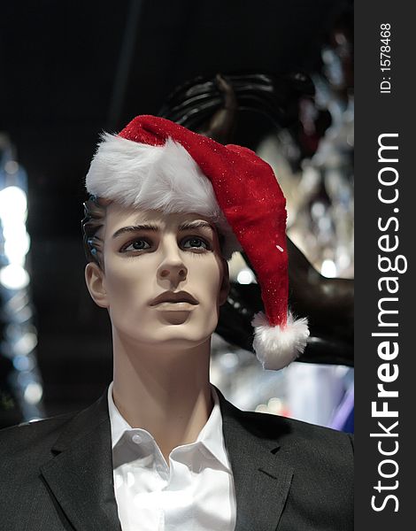 Mannequin of a man with Santa Claus hat (not a human). Mannequin of a man with Santa Claus hat (not a human)