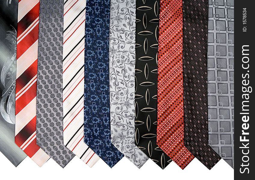 Ten cravats on white background