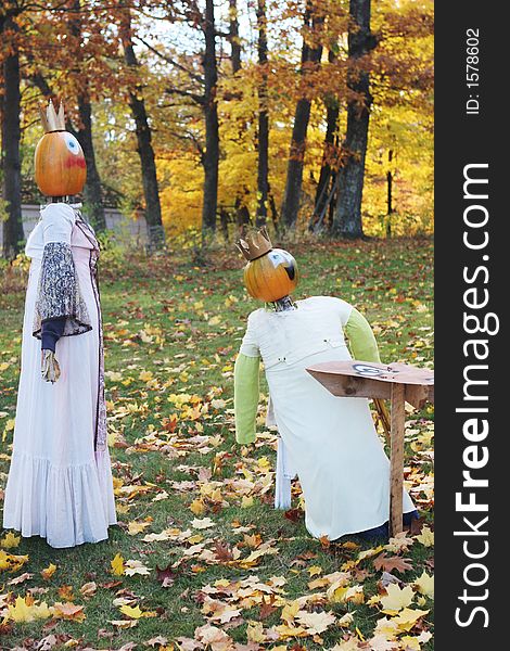 Pumpkin people outside during fall. This is a display in Canada to celebrate the start of autumn and harvest season.