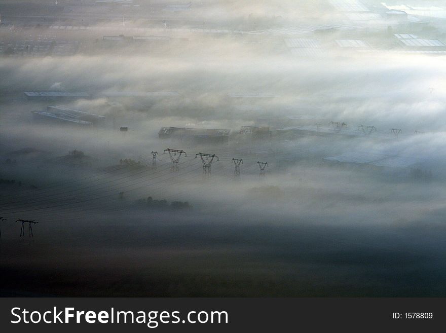 Power lines in the fog