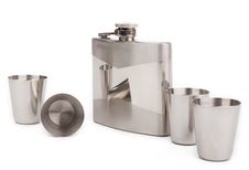 Hip Flask And Cups With White Background Stock Photos