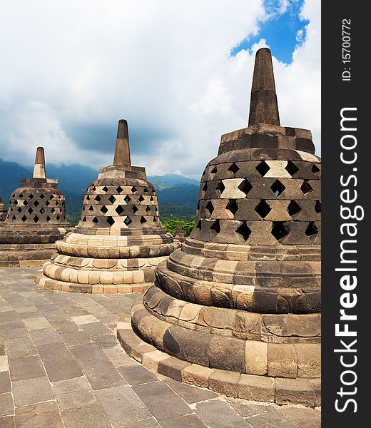 Stupas at Borobudur temple. Central Java. Indonesia