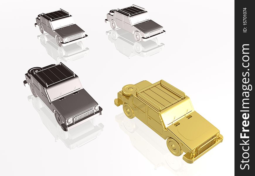 Gray cars and gold car on white reflective background.