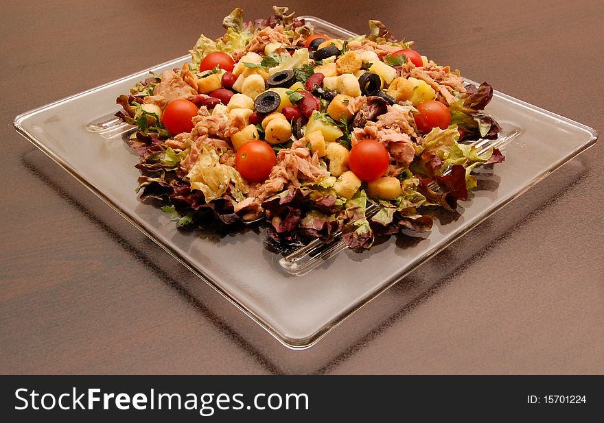 A closeup of a crystal Plate of Vegetable and Fish Salad.
Indoor, Lighting Arrangements, Colorful. A closeup of a crystal Plate of Vegetable and Fish Salad.
Indoor, Lighting Arrangements, Colorful