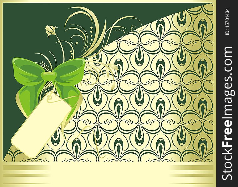 Green bow with ornament. Decorative card. Illustration