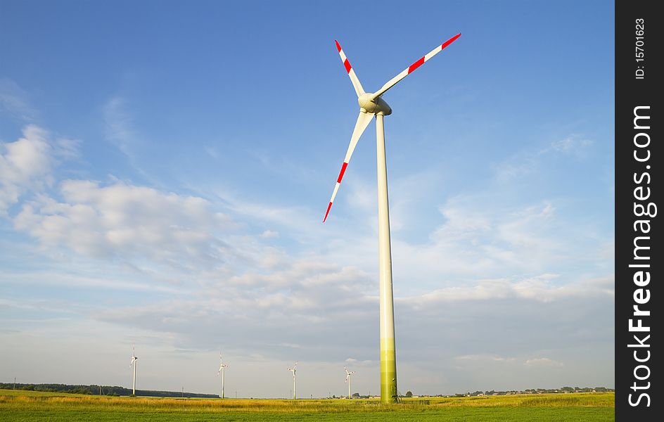 Wind power station, blue sky