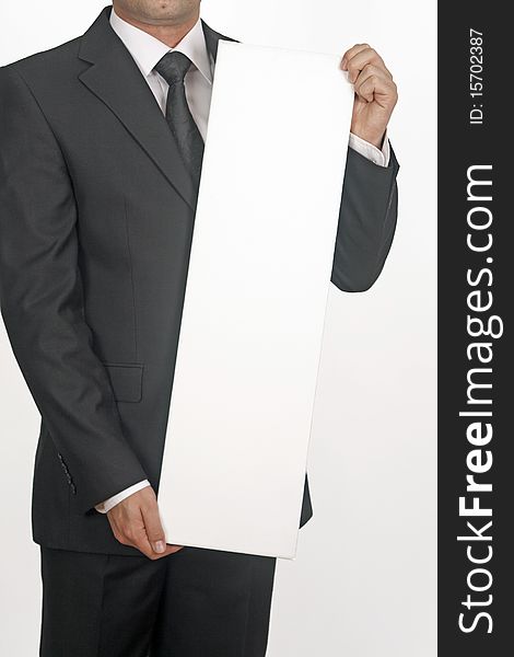 Business man with white card over a white background