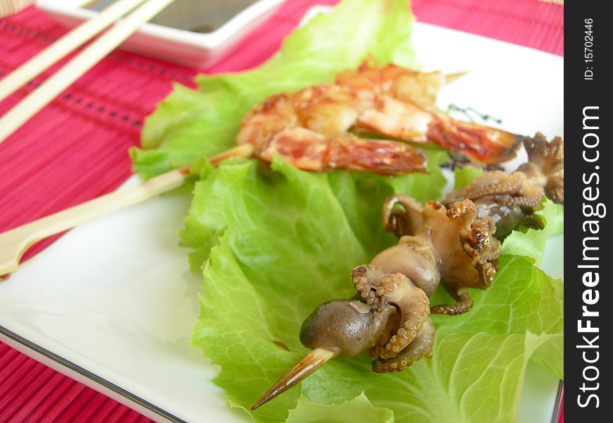 Shrimp And Octopus, Mounted On Skewers.