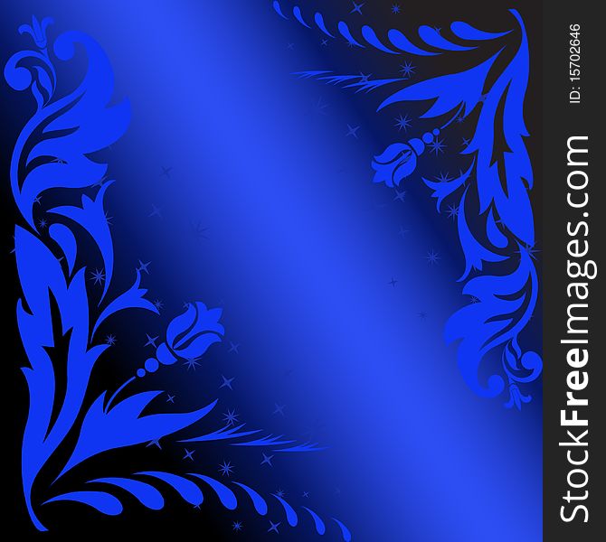 Abstract black background with a blue stripe and flowers. Abstract black background with a blue stripe and flowers