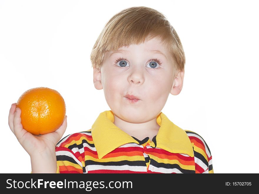 The child with an orange in a hand