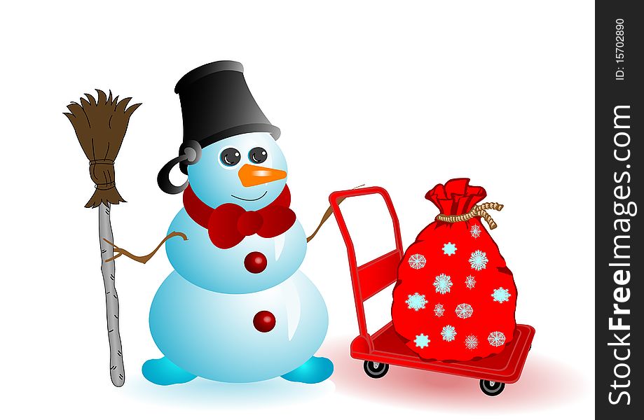 Vector illustration the Christmas snowman with gifts in a sack on a red wheelbarrow