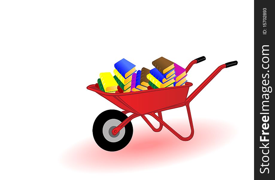 Vector illustration colored books on a red wheelbarrow.