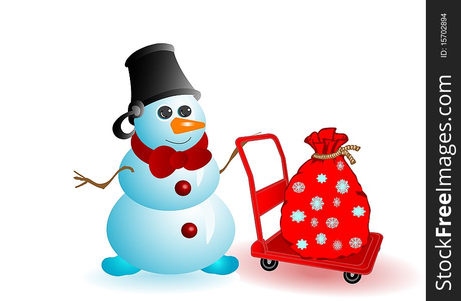 Vector illustration the Christmas snowman with gifts in a sack on a red wheelbarrow