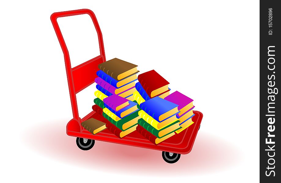 Vector illustration colored books on a red wheelbarrow.