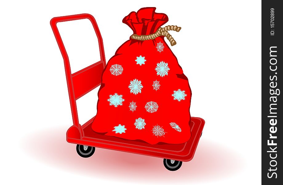 Vector illustration the Christmas  gifts in a sack on a red wheelbarrow. Vector illustration the Christmas  gifts in a sack on a red wheelbarrow