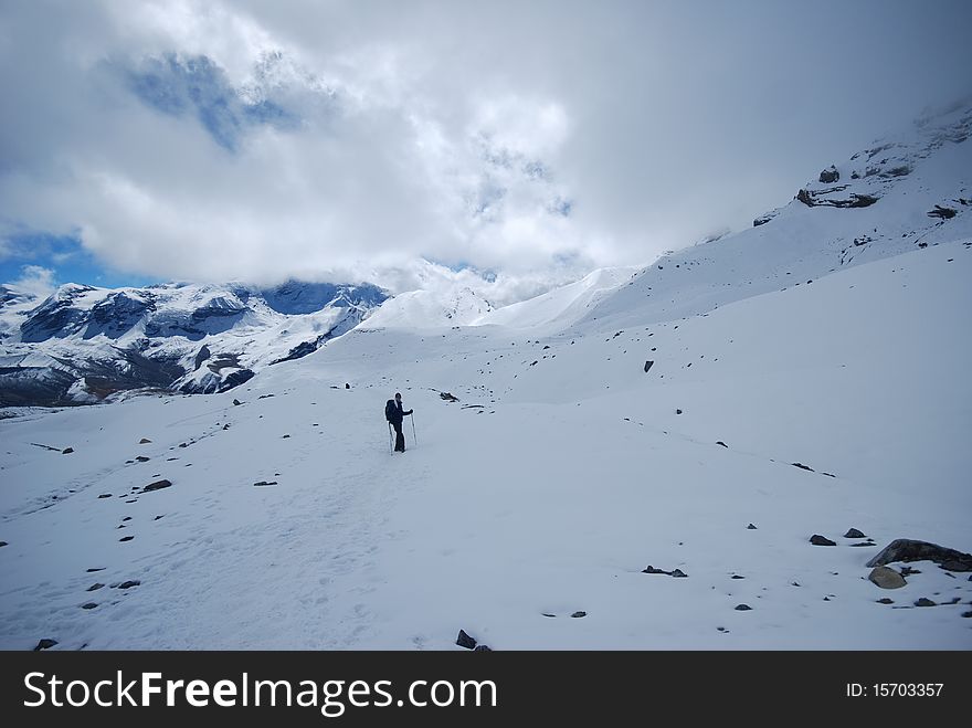 A backpacker in the mountains of Nepal. A backpacker in the mountains of Nepal