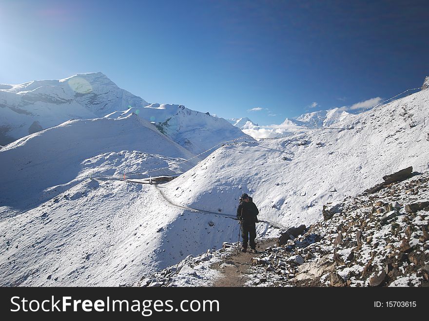 A backpacker in the mountains of Nepal