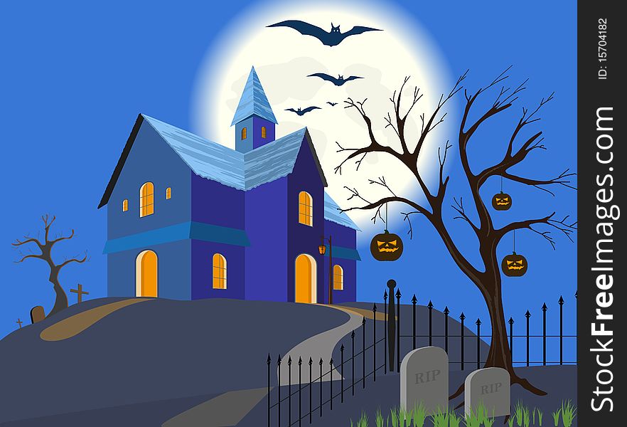 Full moon, flying bats and silhouette of a house on a hill. Vector. EPS8. Full moon, flying bats and silhouette of a house on a hill. Vector. EPS8.