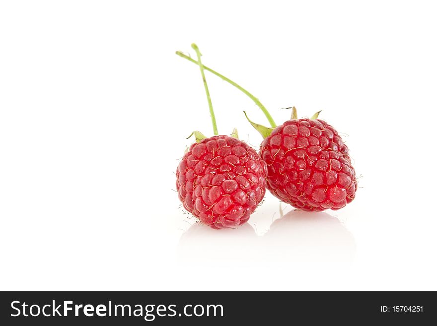Two raspberries isolated on white