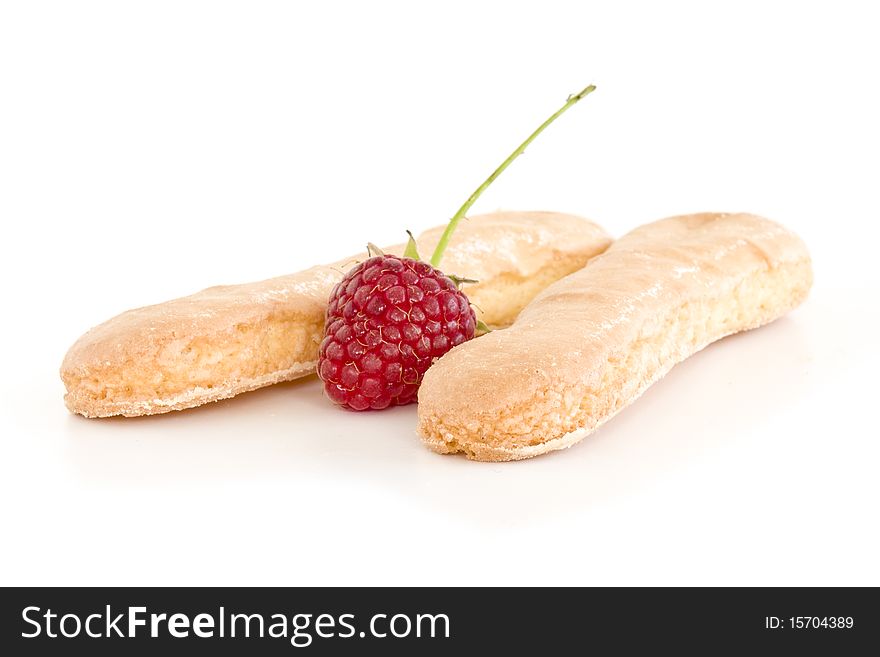 Biscuits and raspberries isolated on white. Biscuits and raspberries isolated on white