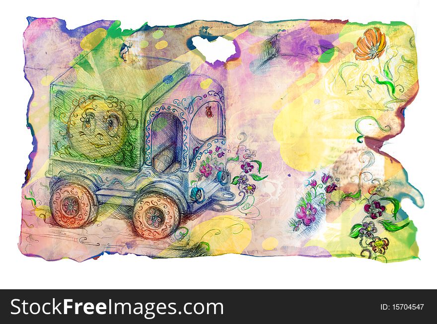 Grunge paper with child's truck and flowers with space for text