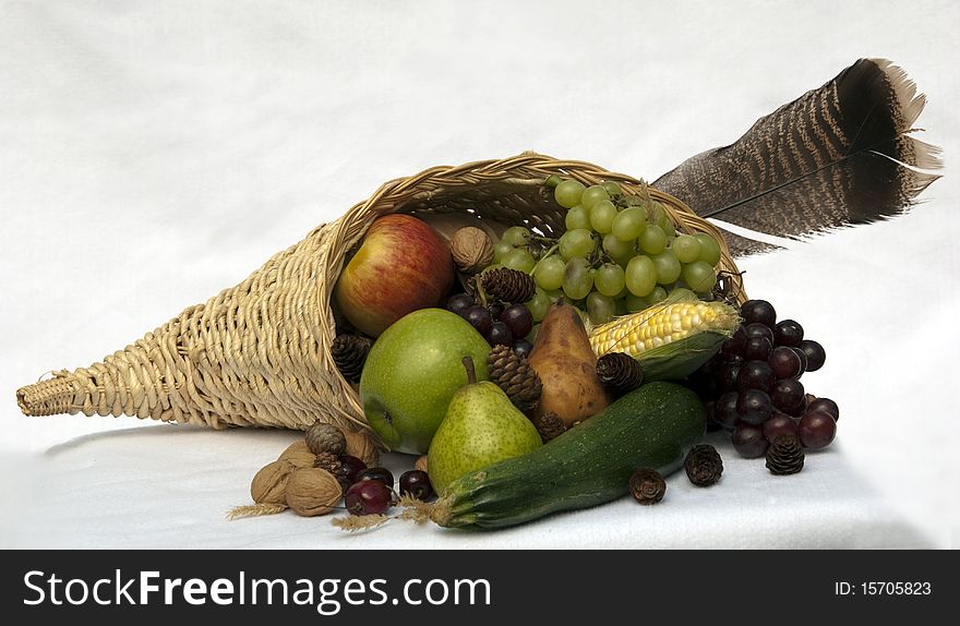 Horn of plenty on white background with turrkey feather. Horn of plenty on white background with turrkey feather