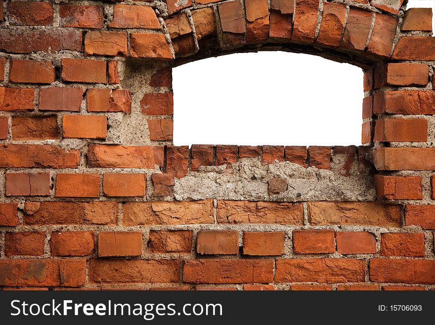Red old brick framework with white window. Red old brick framework with white window