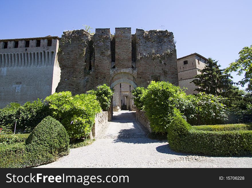 Ancient walls of the fifteenth-century castle of Montechiarugolo, Italy.