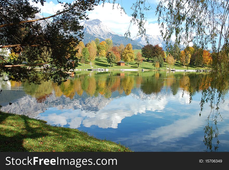 Beautiful reflection of austrian alps in lake called Ritzensee. Beautiful reflection of austrian alps in lake called Ritzensee