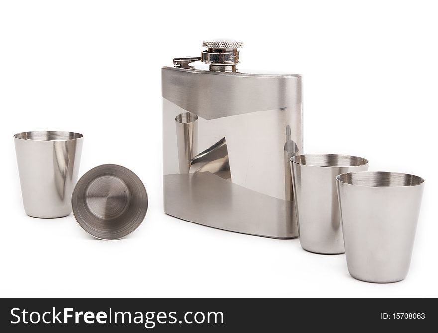Hip flask with cups isolated on white. Hip flask with cups isolated on white