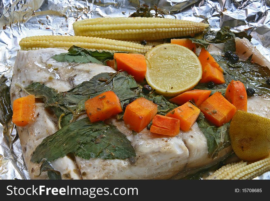White sea bass bake with herb,corn,carrot,