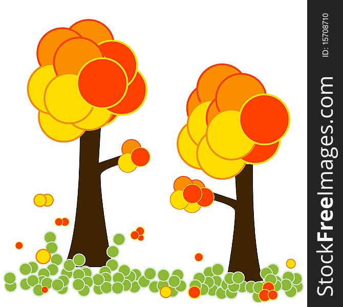 Stylised vector illustration of autumn trees with round leaves