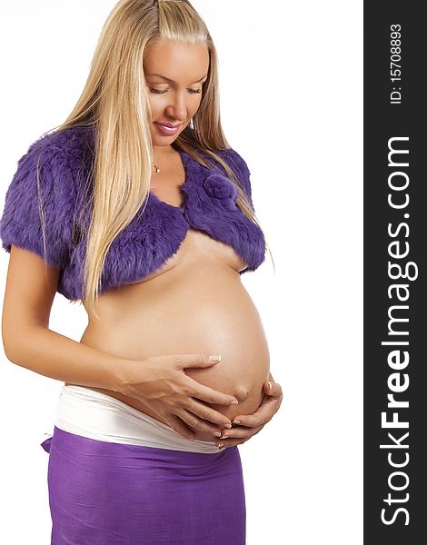 Woman Holding Her Belly Over White Background