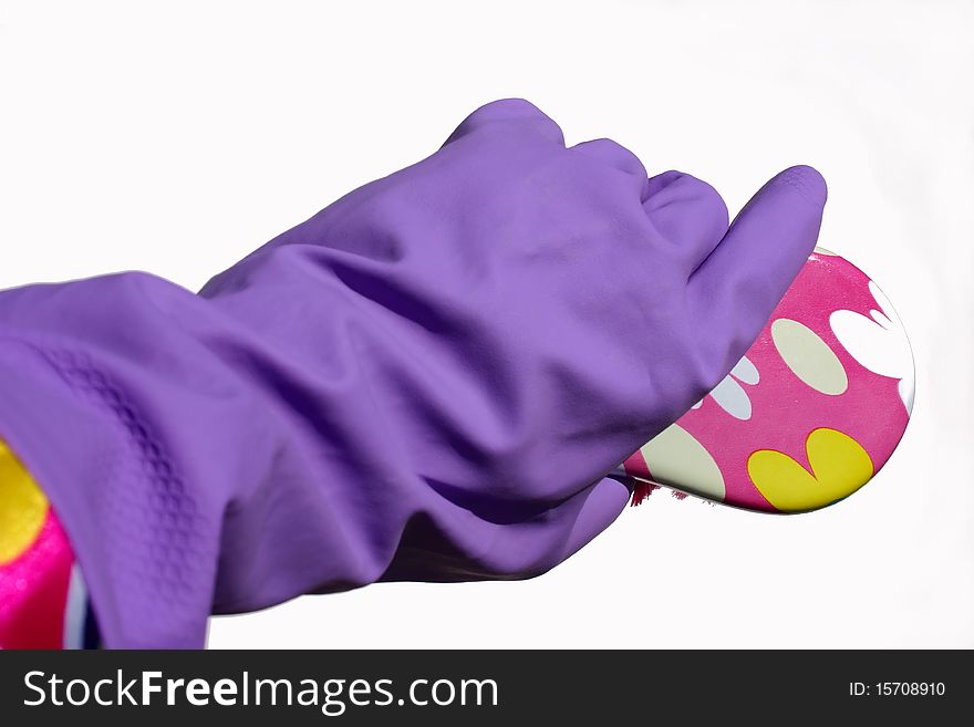 cleaning rubber glove and brush on white background. cleaning rubber glove and brush on white background