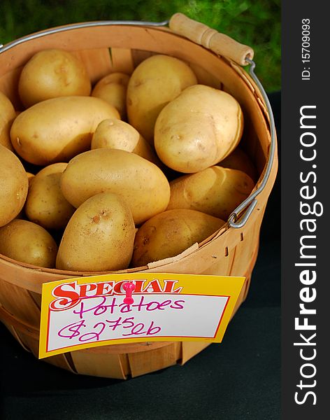 A basket with organic potatoes on a table at a farmers market. Bright and colorful. Very delicious and fresh!. A basket with organic potatoes on a table at a farmers market. Bright and colorful. Very delicious and fresh!