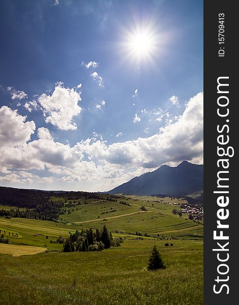 Pasture with a meadow and mountains