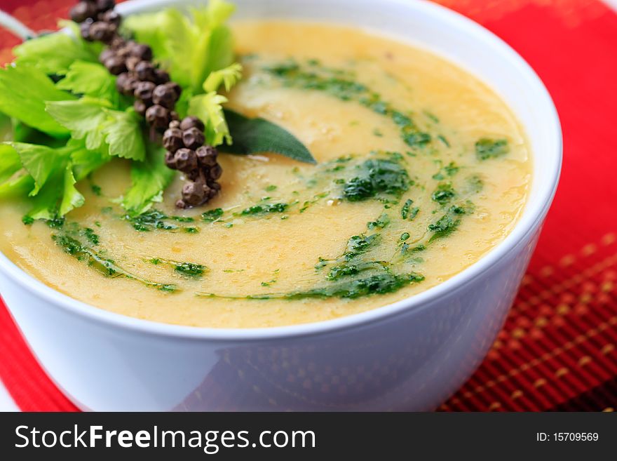 Thick vegetable soup in a cup. Thick vegetable soup in a cup