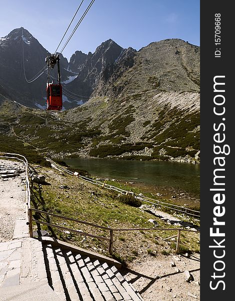 Red Mountain Cable Car with Mountain Range in Background