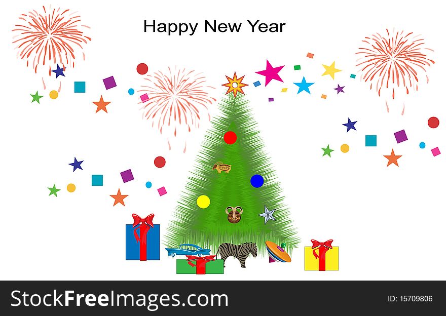 Christmas tree with presents and fireworks. Christmas tree with presents and fireworks