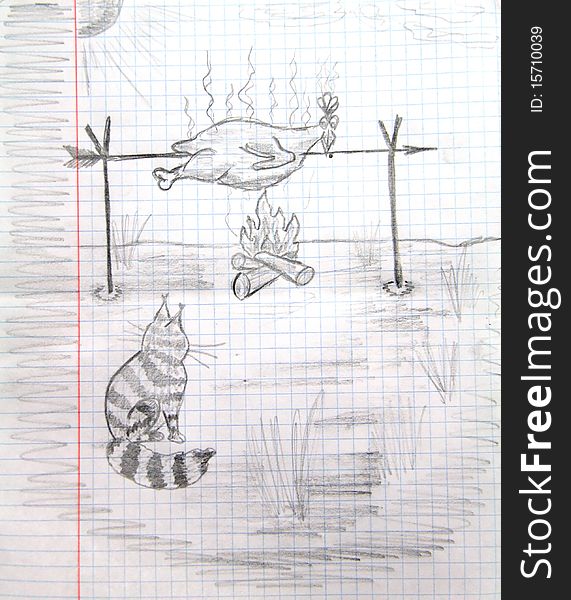 Roast chicken and cat, illustration. Roast chicken and cat, illustration
