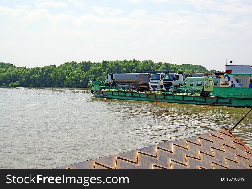 Ferry boat vehicles transport over the river