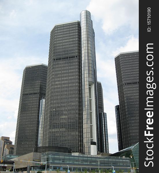 A skyline picture from the ground up of the Detroit Renaissance Center. A skyline picture from the ground up of the Detroit Renaissance Center.