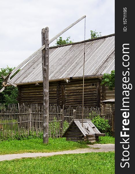 Wooden old draw-well near Great Novgorod. Great Novgorod, Russia