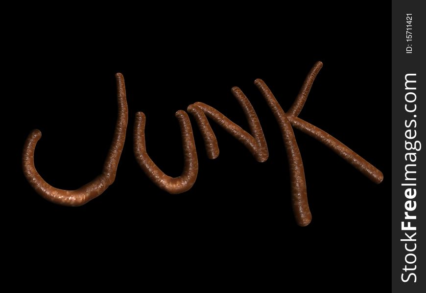 Large 3d rendering of a sausage making the words junk. Large 3d rendering of a sausage making the words junk