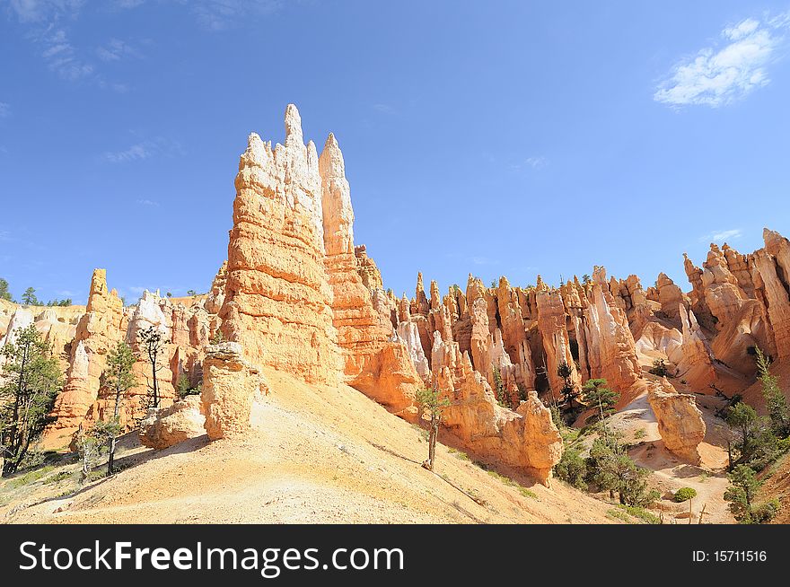 Into Bryce National Park, in the centre of its amphitheatre this orange hoodoo is touching the blu sky. Into Bryce National Park, in the centre of its amphitheatre this orange hoodoo is touching the blu sky
