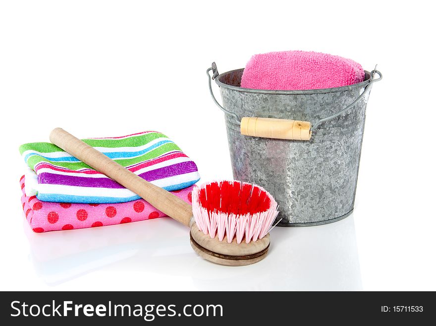 Cleaning equipment and a bucket for Spring cleaning isolated over white